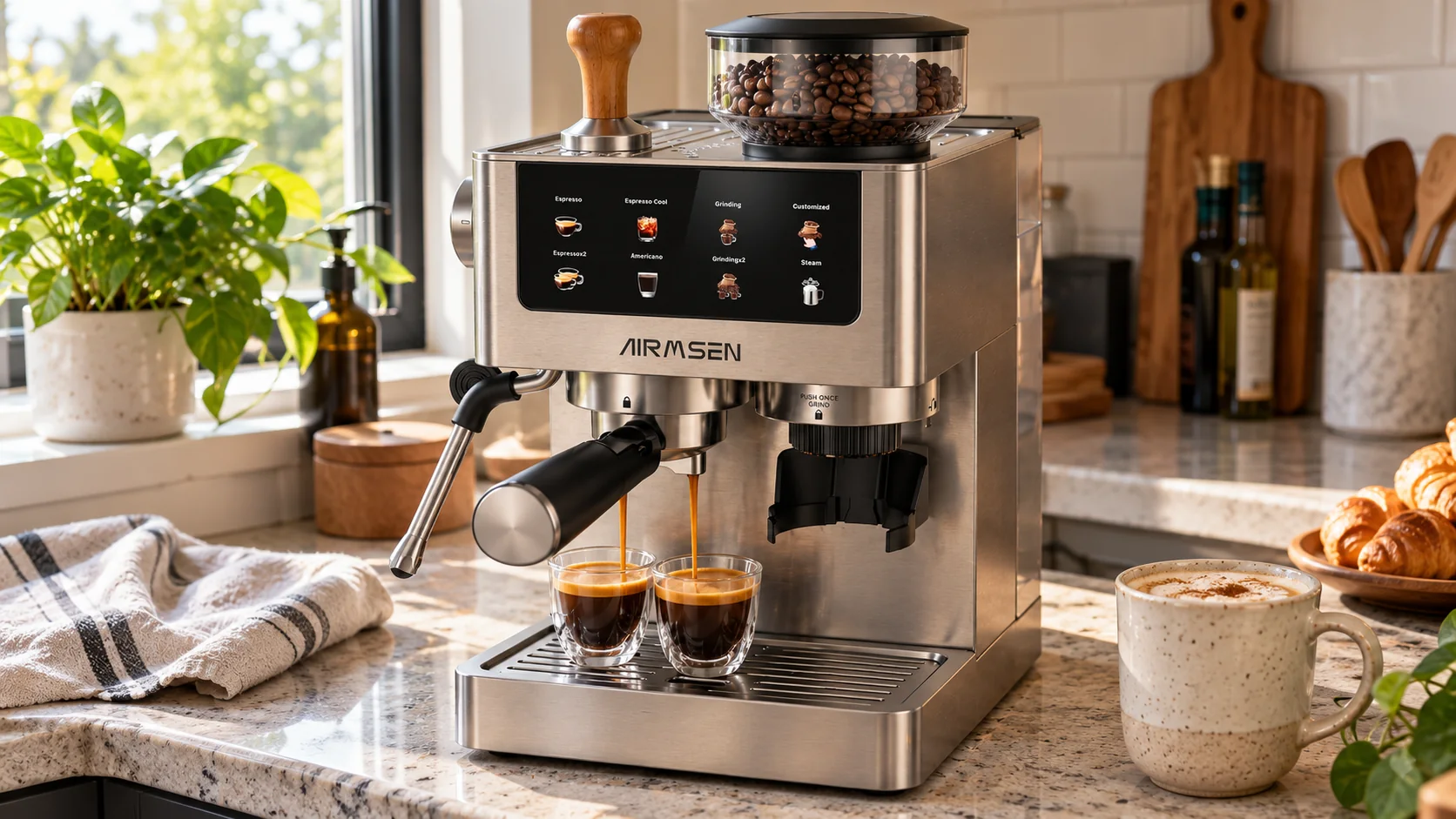 AI-assisted view of the AIRMSEN-style espresso machine and its bean hopper on a kitchen counter