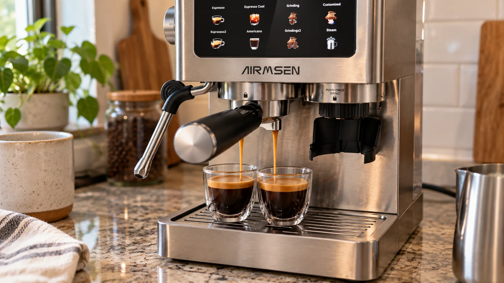 Illustrative close view of the grinder and drink-control area on the AIRMSEN-style espresso machine