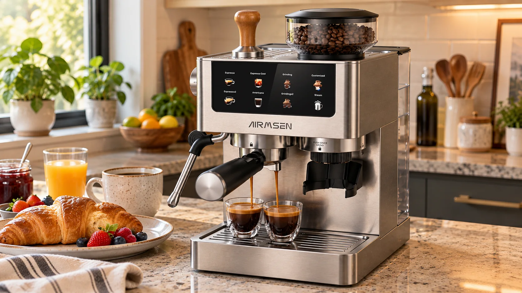 Illustrative AIRMSEN-style espresso machine with milk-steaming accessories