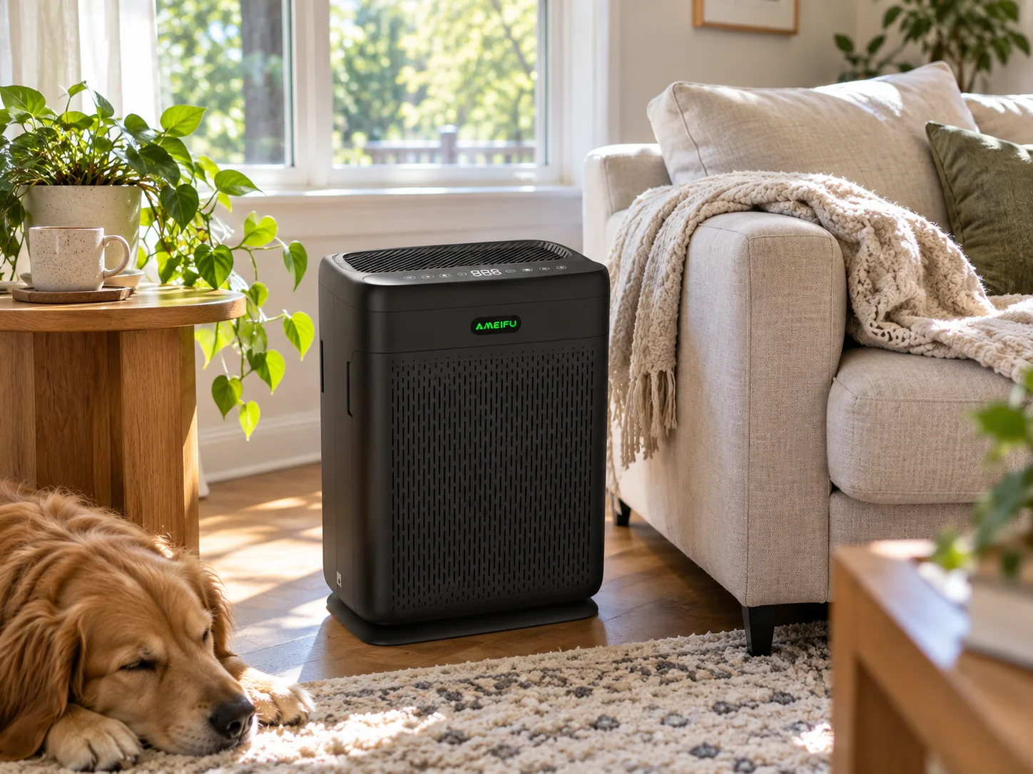 AMEIFU F1-style air purifier positioned near a wall outlet