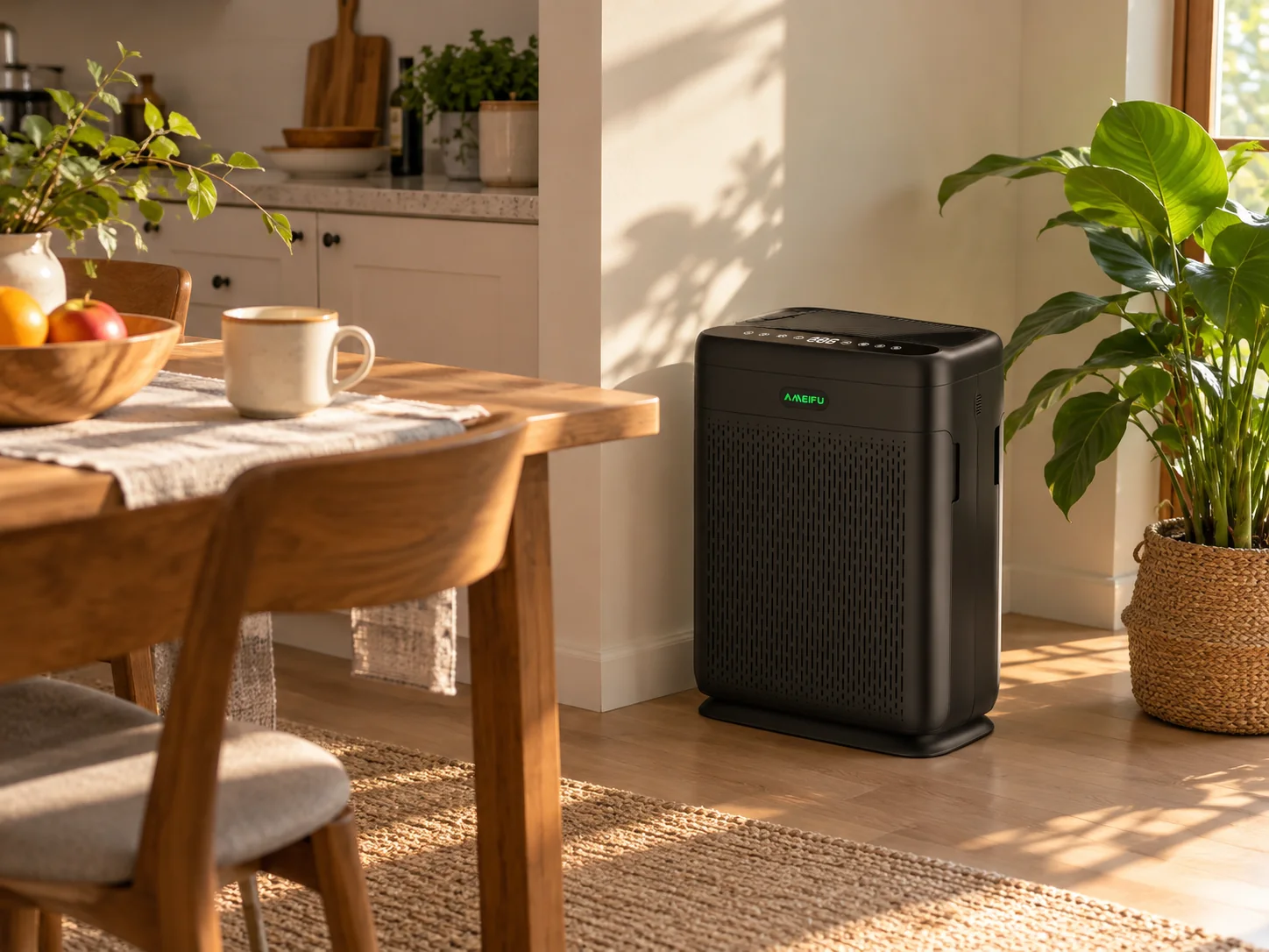 AMEIFU F1-style air purifier shown in an open dining and living area