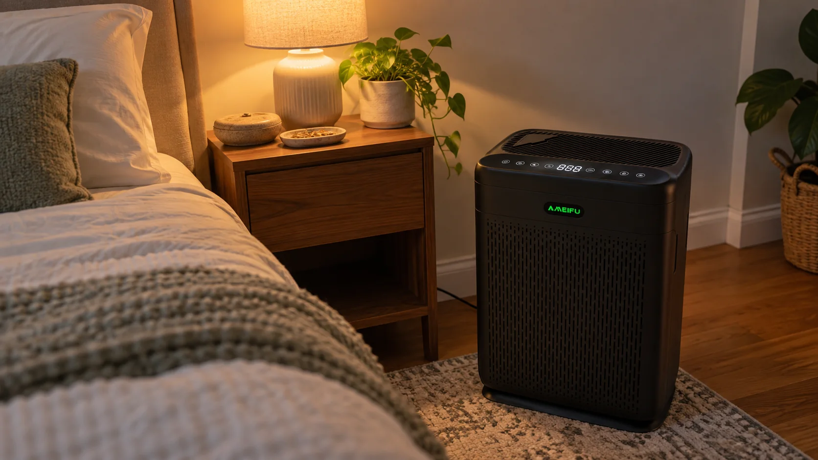 AMEIFU F1-style air purifier beside a bed in a bedroom