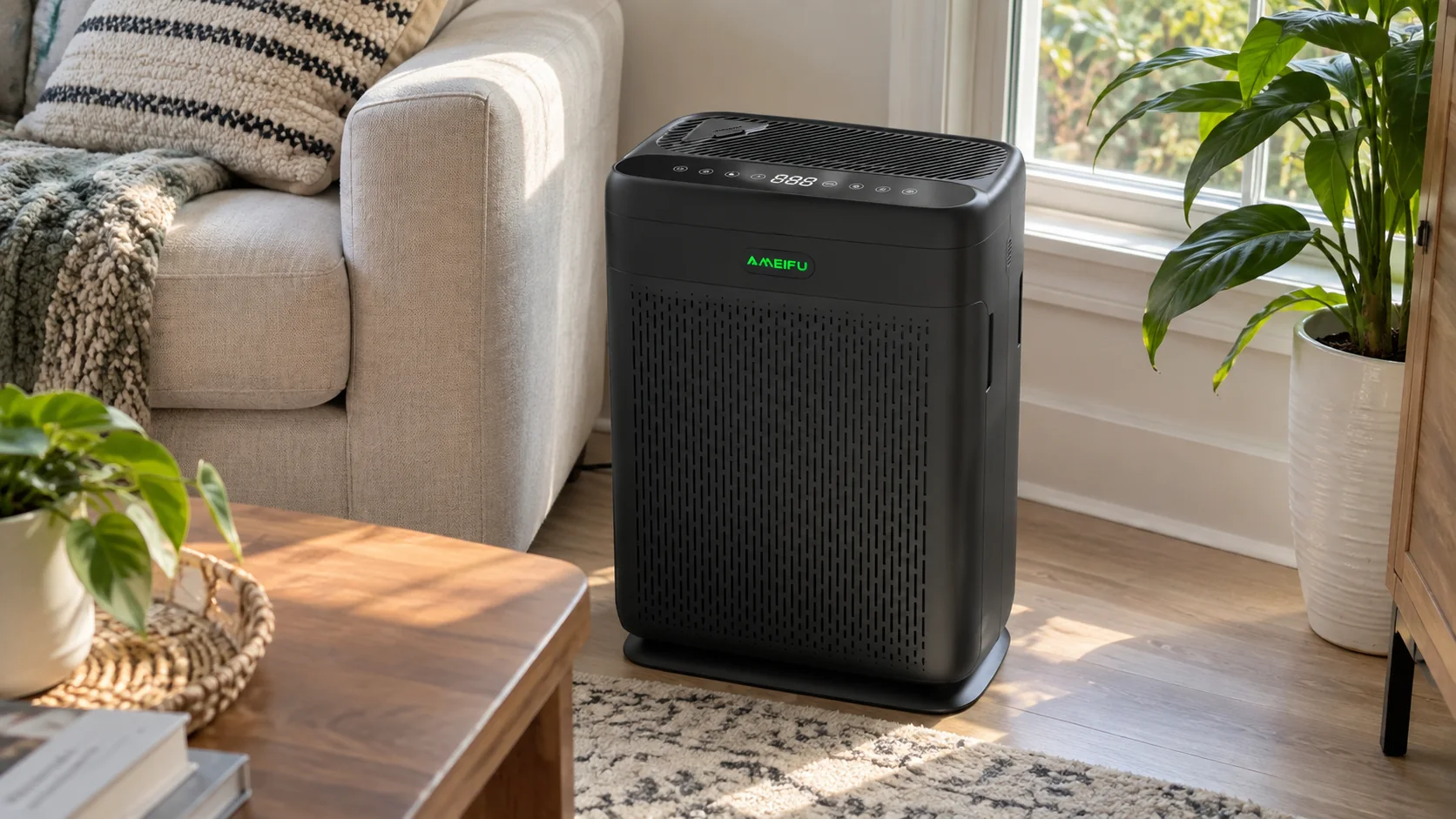 AMEIFU F1-style black air purifier in a bright living room