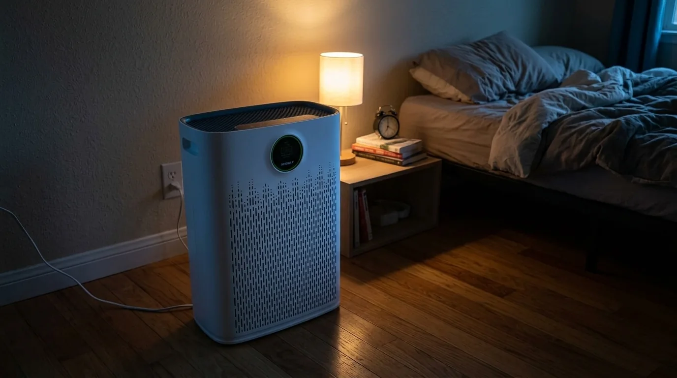 AI-assisted illustration of a white air purifier in a softly lit bedroom