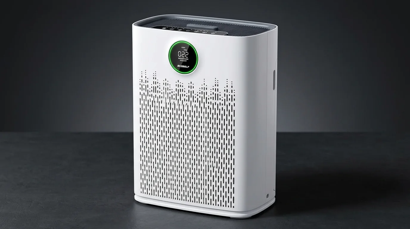 AI-assisted editorial studio view of a white ECOSELF HAP603-style purifier
