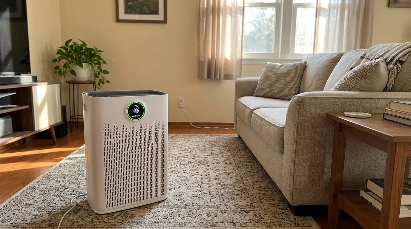 AI-assisted illustration of a white ECOSELF HAP603-style air purifier in a modern living room