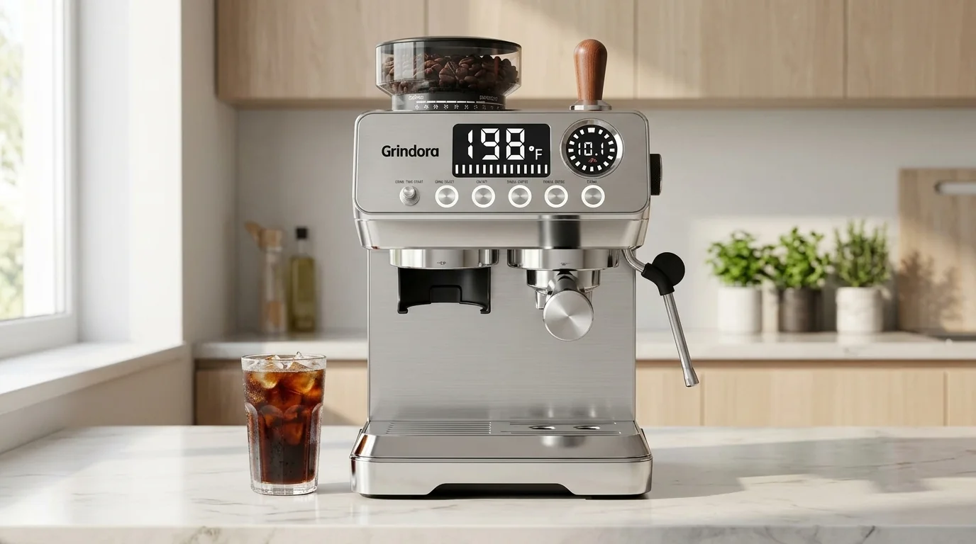 Grindora AT-CMG-01 shown with an iced coffee drink