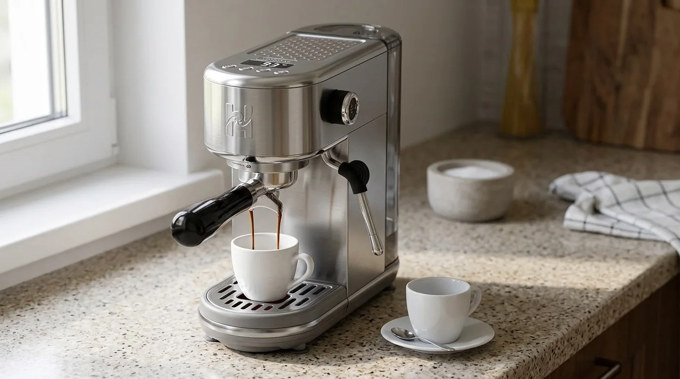 AI-assisted home kitchen scene showing an H10B Lite-style espresso machine