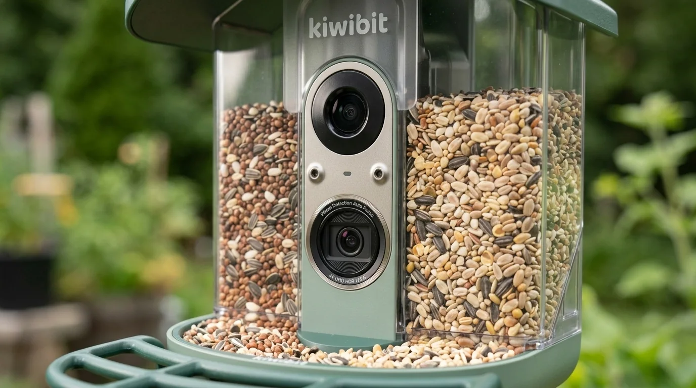 AI-assisted close-up illustration of the Kiwibit Pro-style two-camera front module