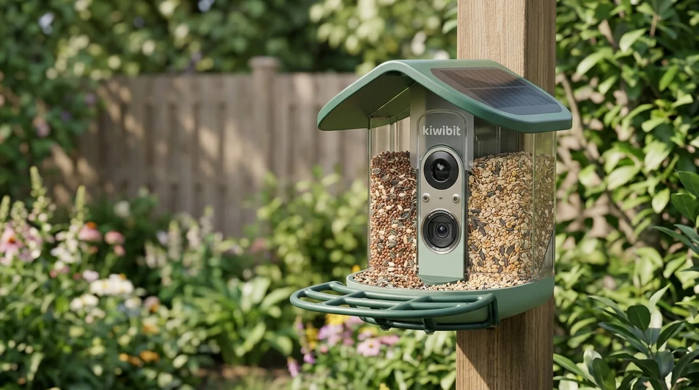 AI-assisted garden lifestyle illustration featuring the bird feeder