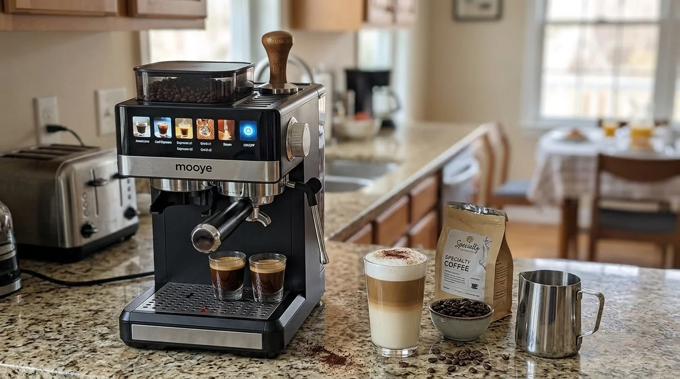 Illustrative Mooye-style espresso station beside a milk pitcher and cup in a bright kitchen