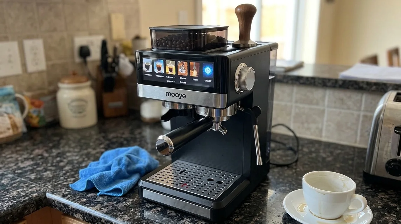 Illustrative scene of the black espresso machine with a cloth and coffee cup during routine kitchen cleanup