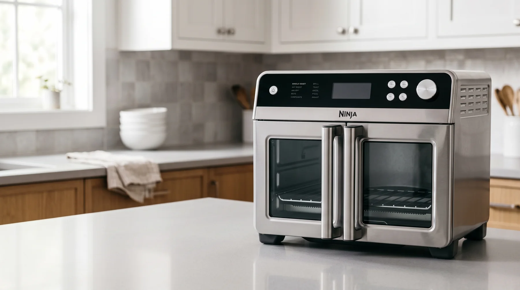 Ninja French Door Premier FO103-style countertop oven in a modern kitchen