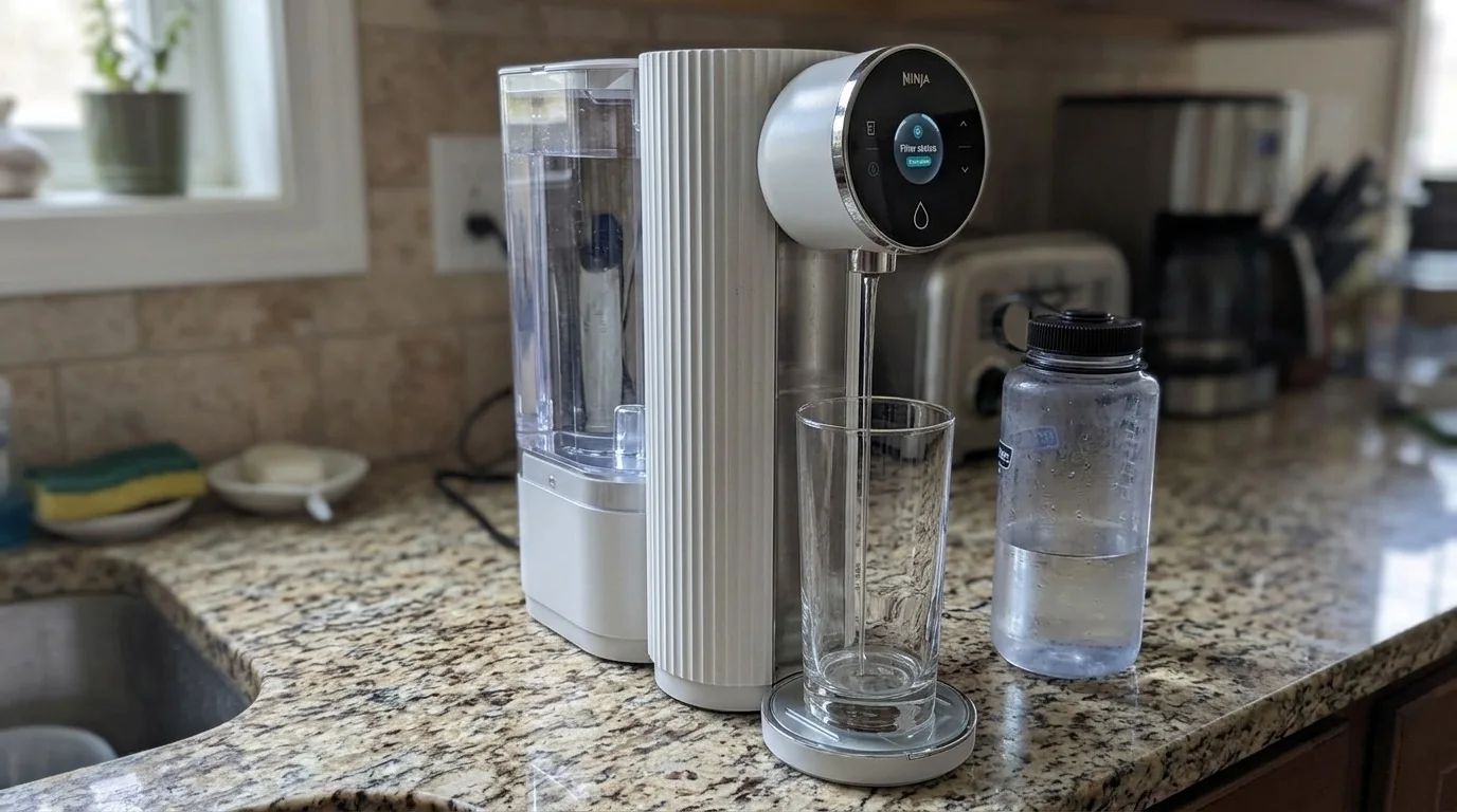 Illustrative kitchen scene with a Ninja HydraSense-style water dispenser