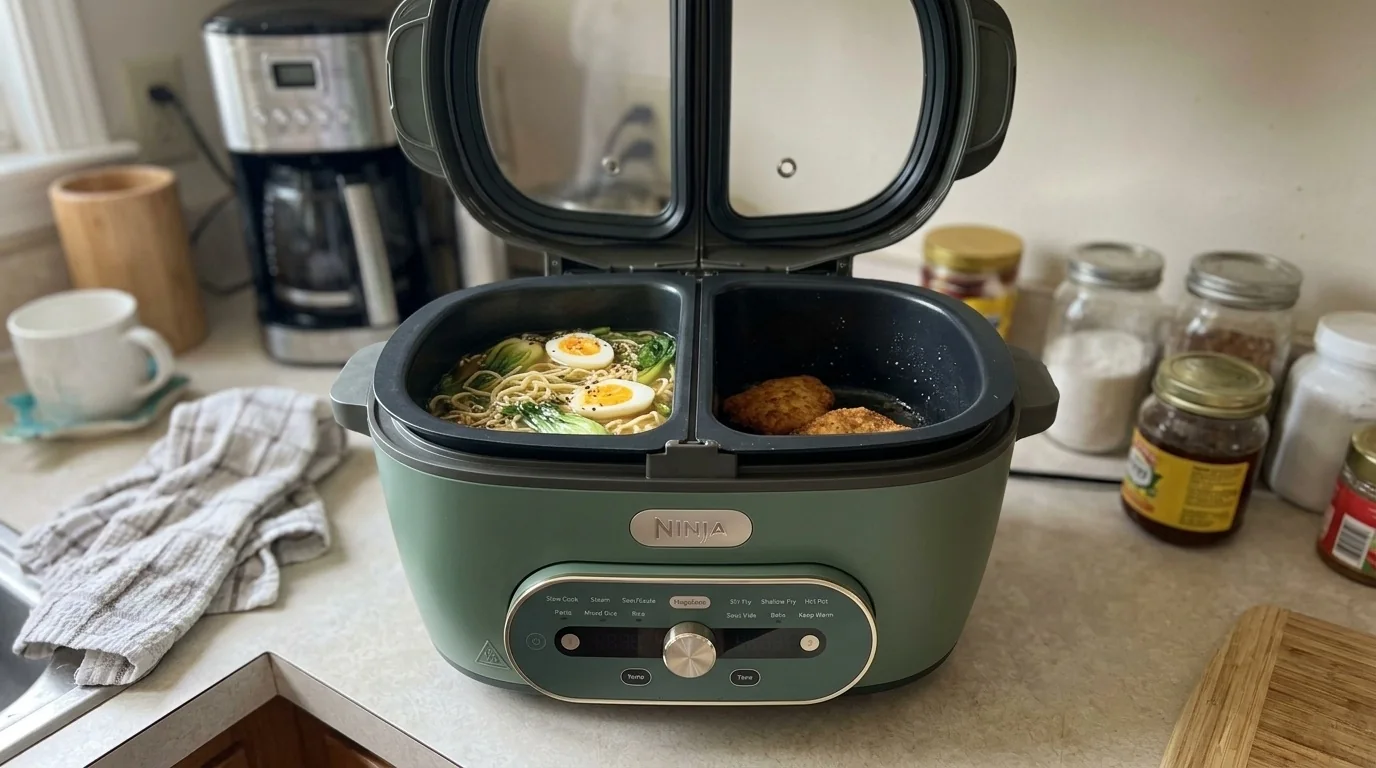 AI-assisted illustration of the Ninja MultiPot XL-style cooker open with separate DualZone cooking pots and food