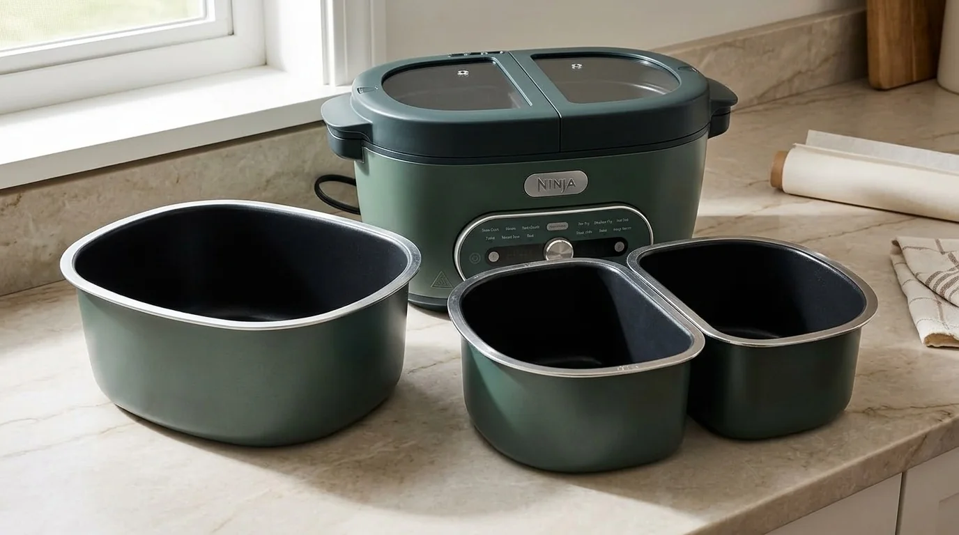 AI-assisted illustration of three interchangeable Ninja MultiPot XL-style cooking pots in front of the cooker