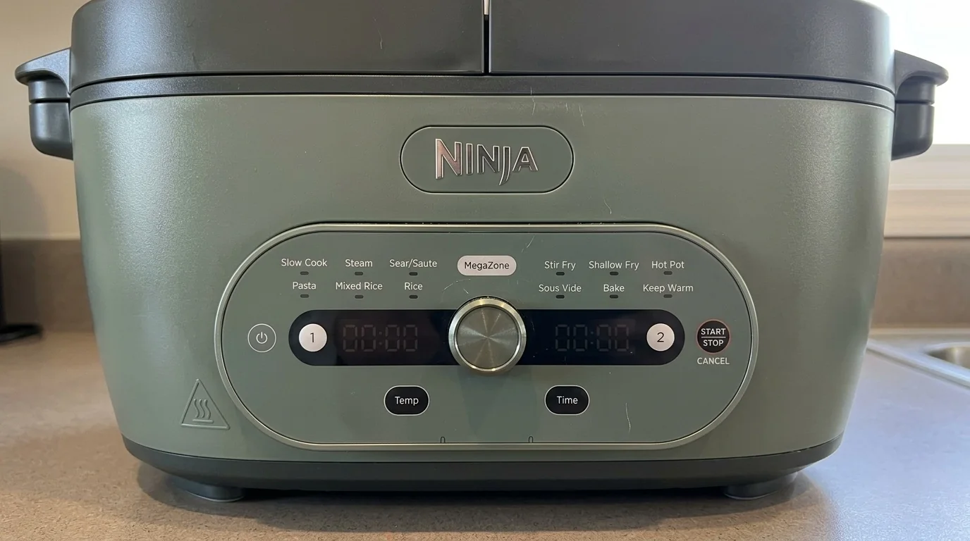 AI-assisted close view of the front digital control panel on the Ninja MultiPot XL-style multicooker