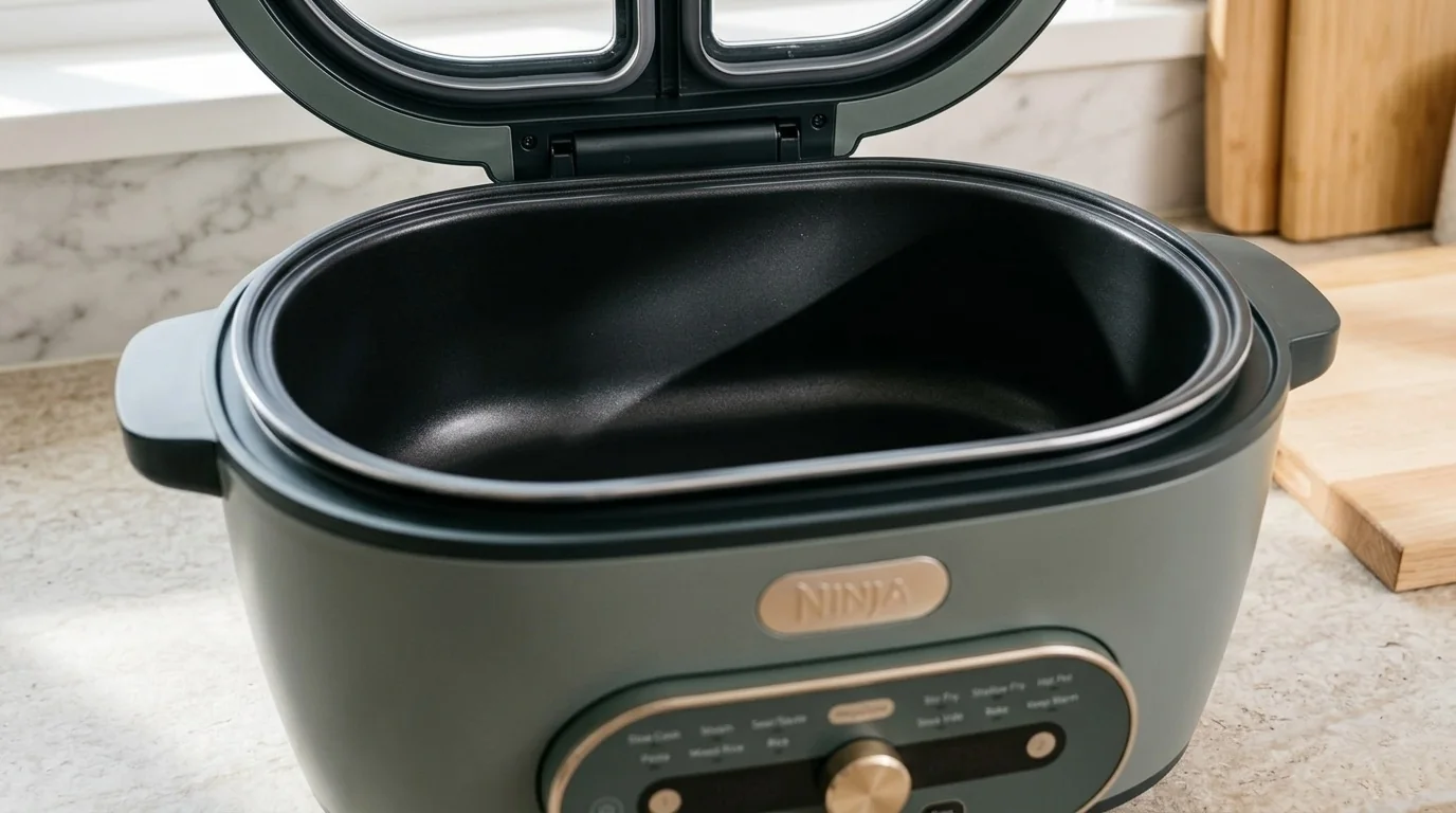 AI-assisted image of a large 7.5-quart pot inserted into a Ninja MultiPot XL-style multicooker with the lid open