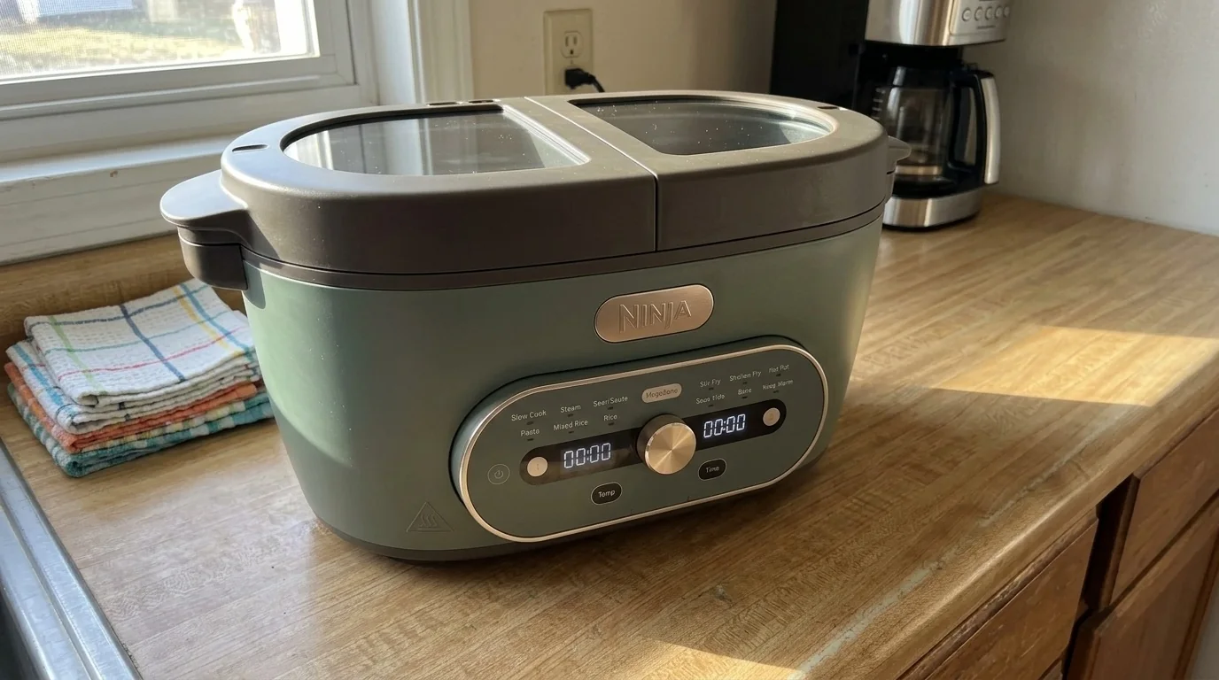 AI-assisted lifestyle illustration of the Ninja MultiPot XL-style Vista Green cooker on a wooden kitchen countertop