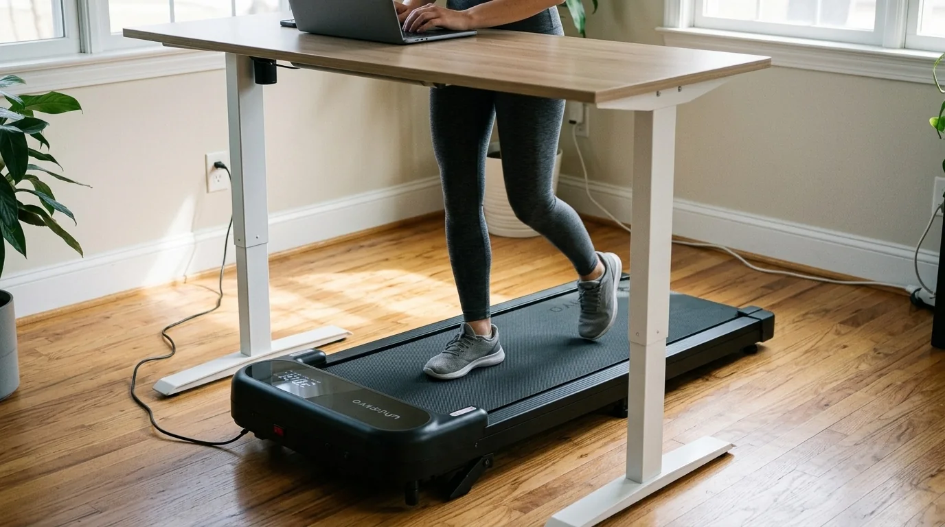 AI-assisted illustration of a person using a black walking pad under a home-office standing desk