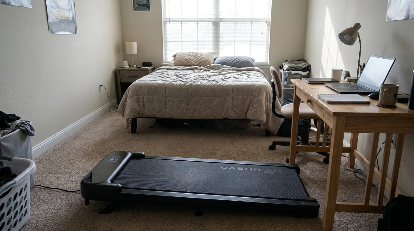 AI-assisted illustration of compact black walking pad in an apartment bedroom