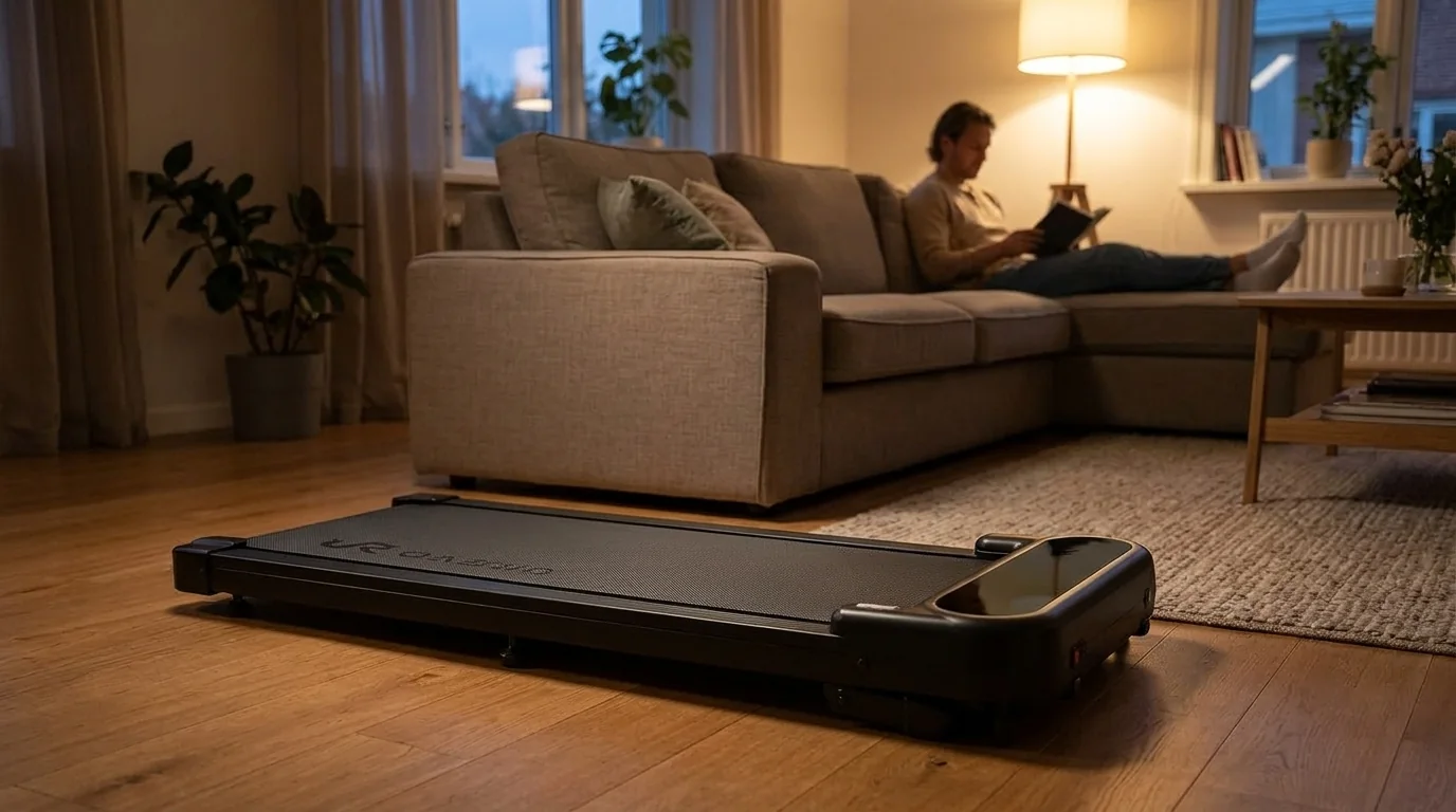 AI-assisted illustration of a black walking pad in a living room