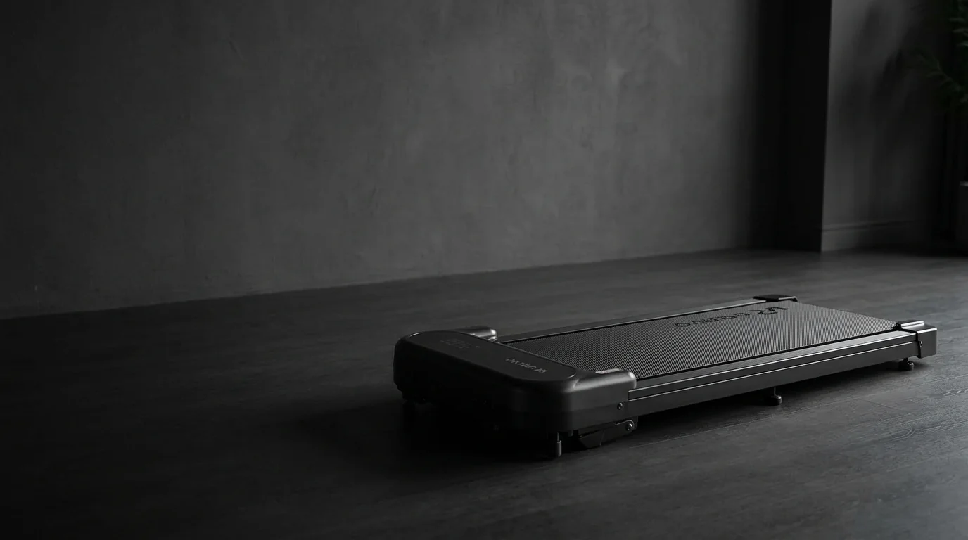 AI-assisted illustration of a compact black UREVO-style walking pad in an editorial studio setting; not an actual hands-on product photograph