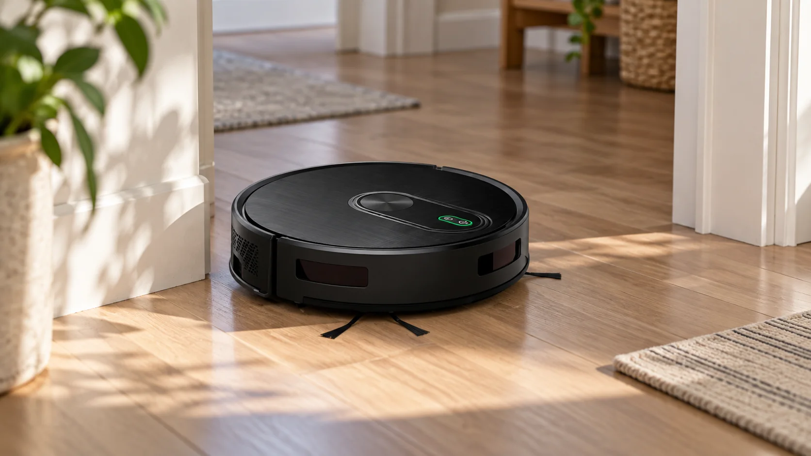 XIEBro E8S-style robot vacuum on hardwood flooring near a rug
