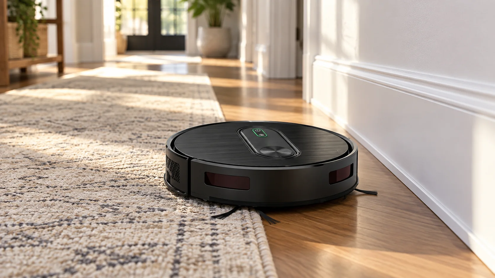 XIEBro E8S-style robot vacuum shown in a furnished room