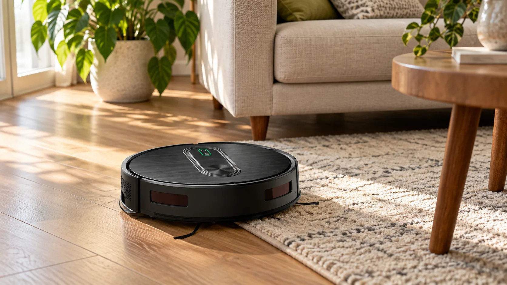 XIEBro E8S-style robot vacuum in a modern living room with hard flooring
